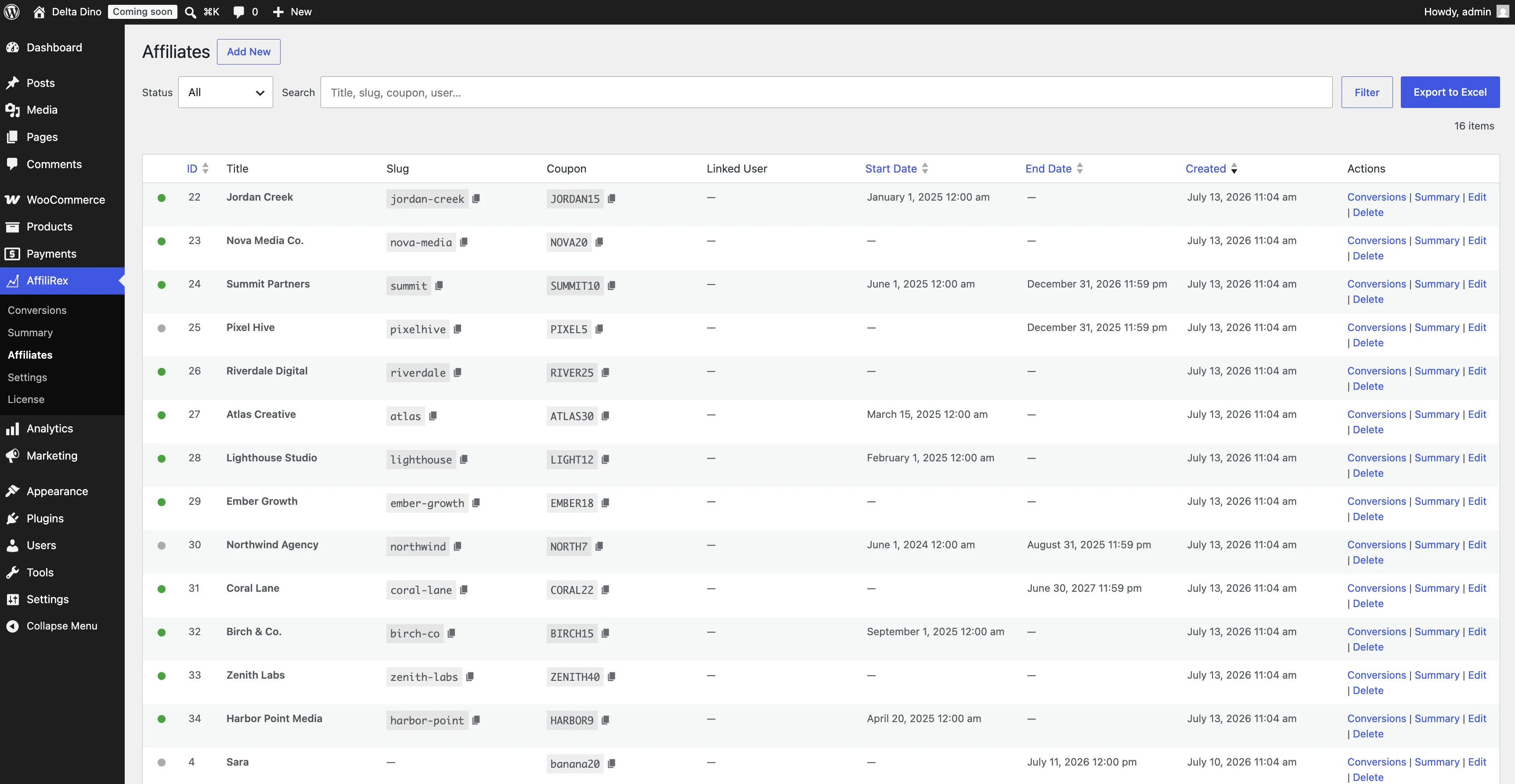 AffiliRex affiliates list with search and status filters