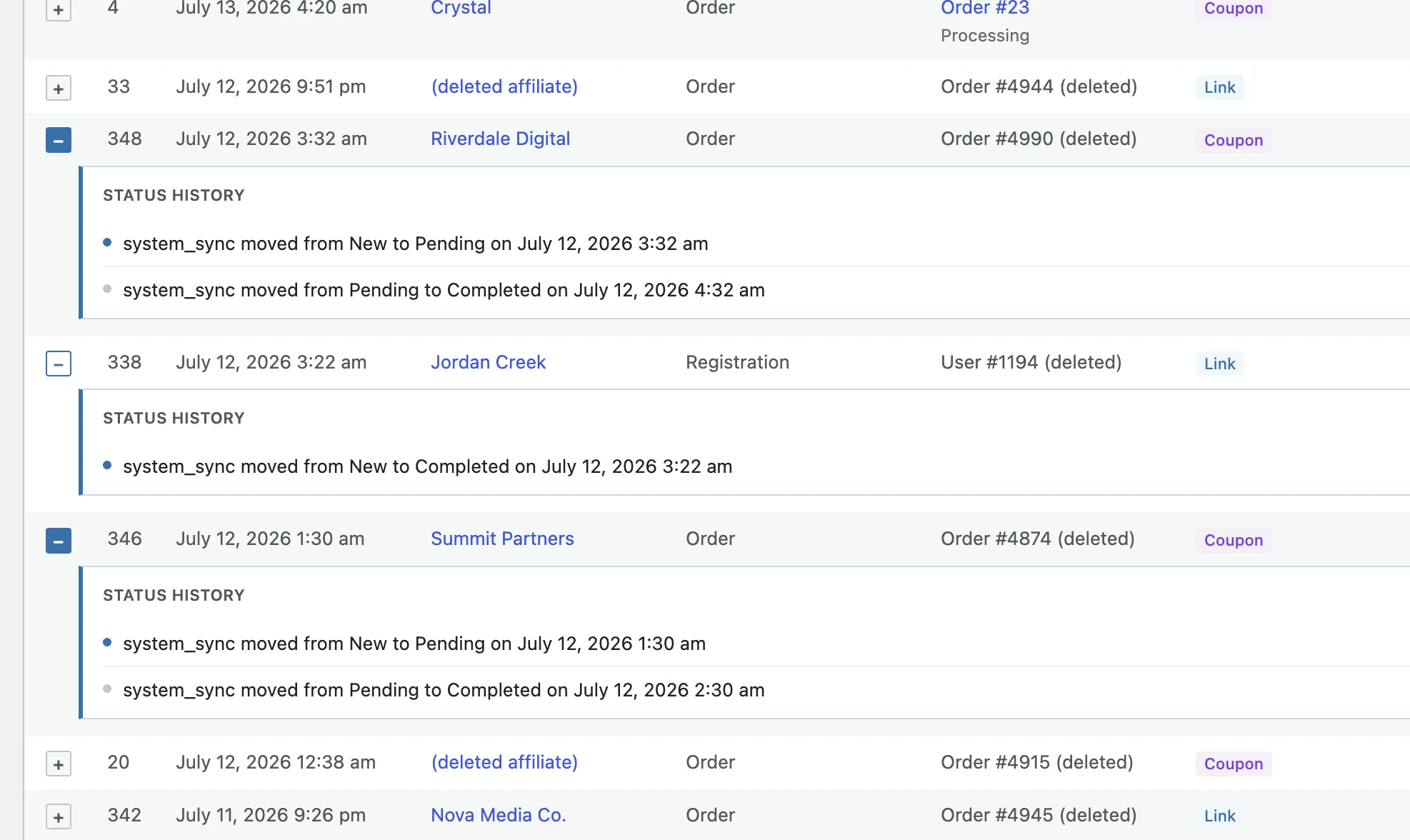 AffiliRex conversion status history timeline