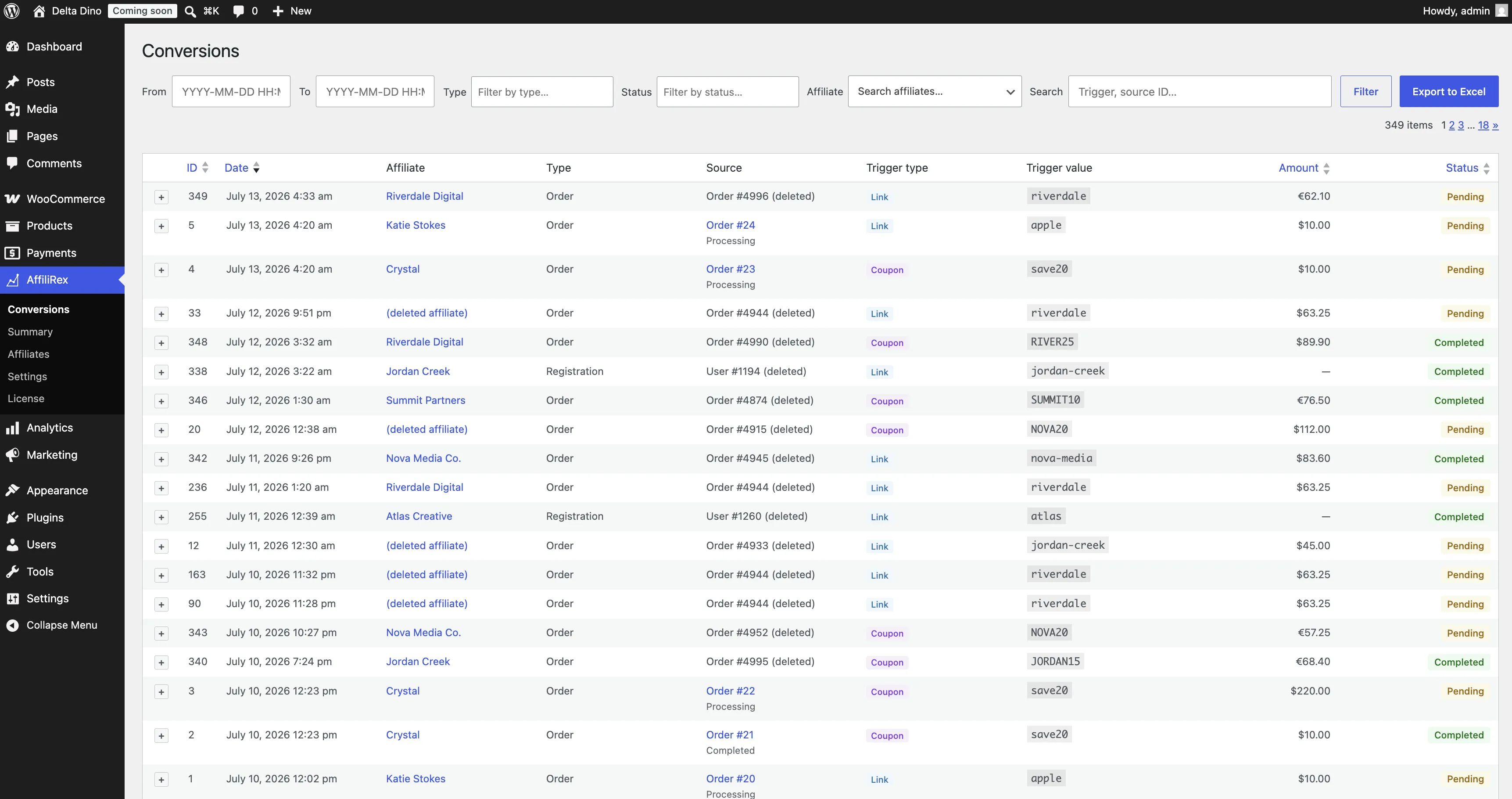 AffiliRex conversions table with order and commission data