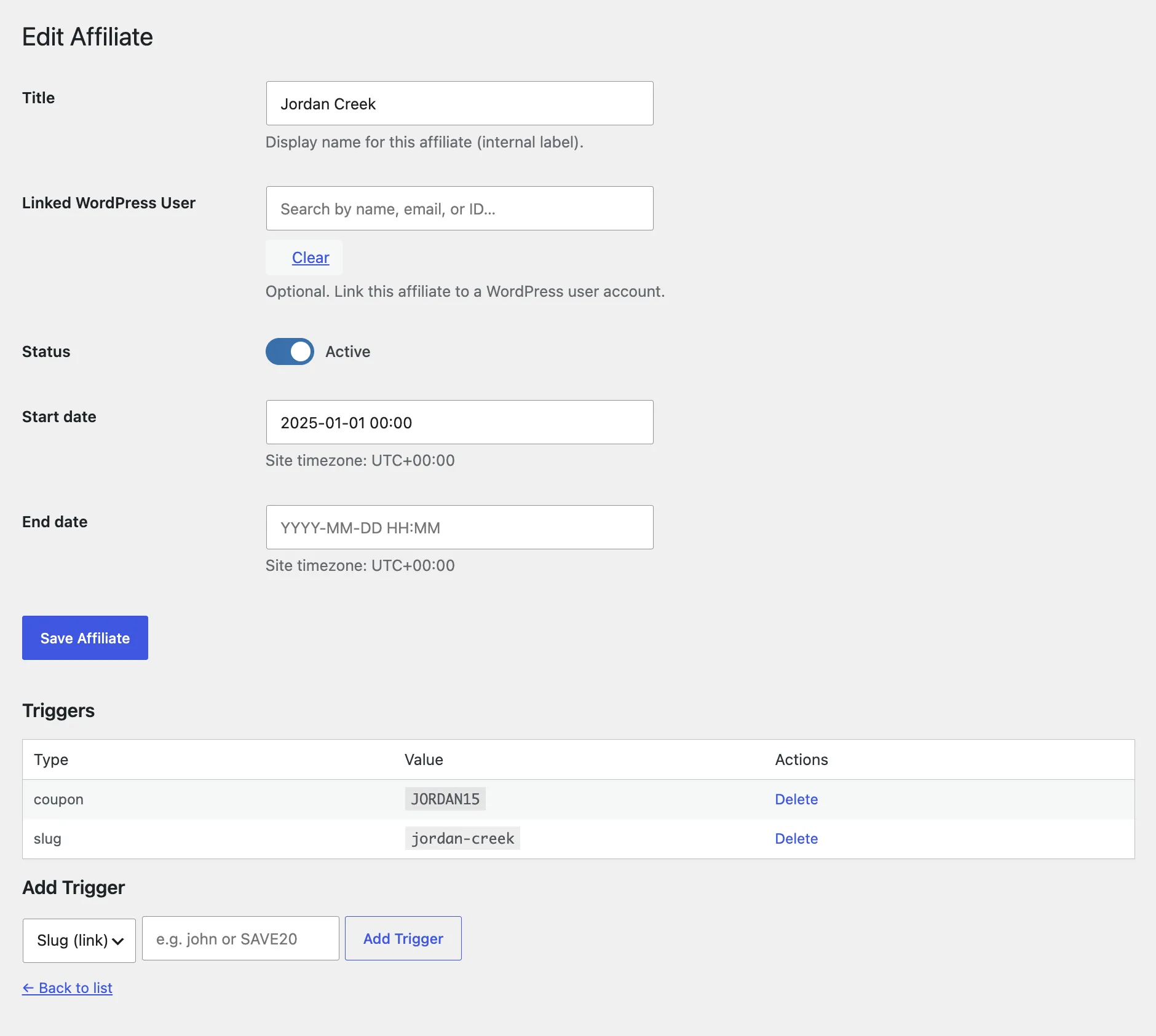 AffiliRex edit affiliate screen with commission and referral settings